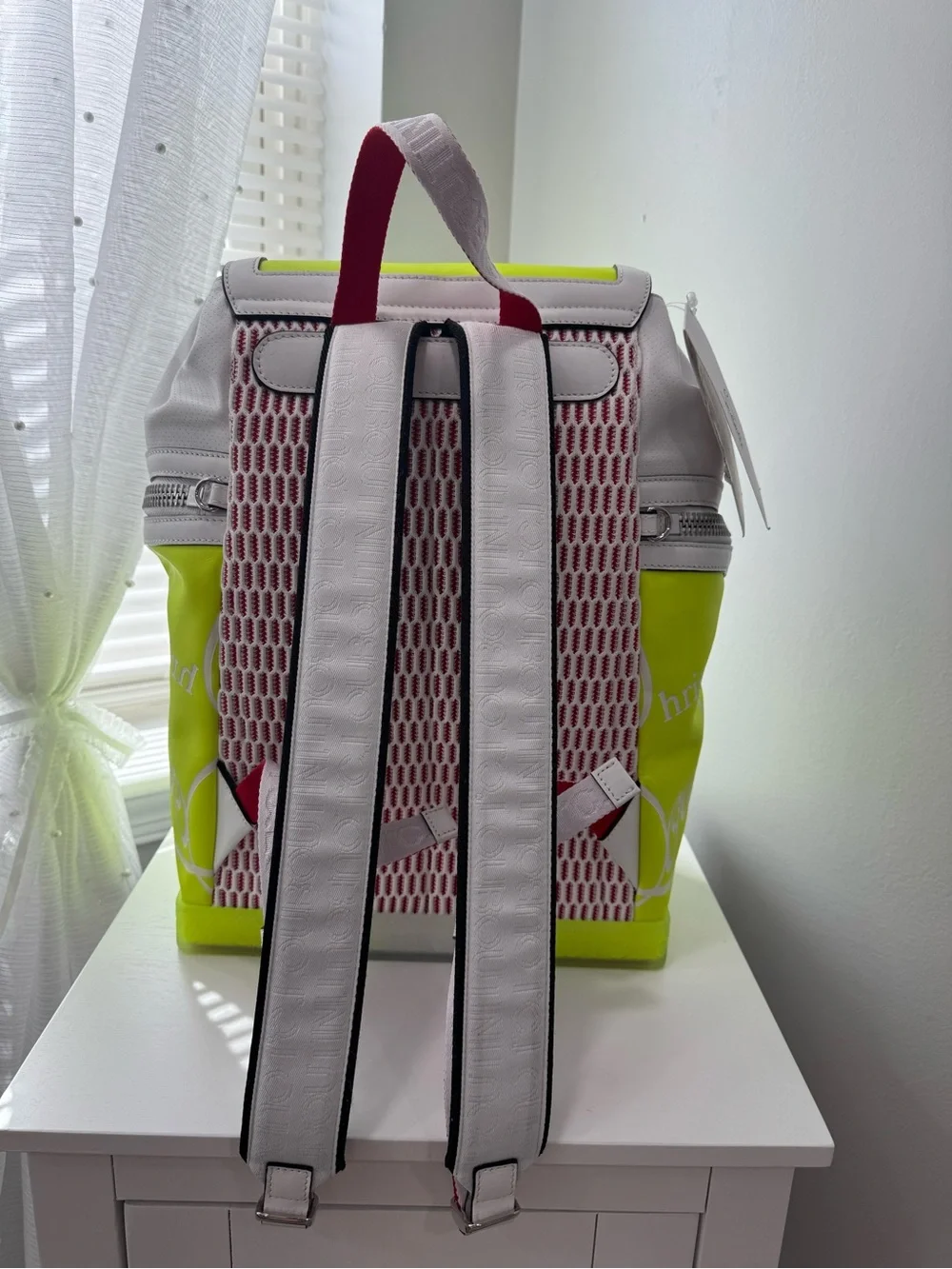 Christian Louboutin White and Neon Yellow Drawstring Backpack